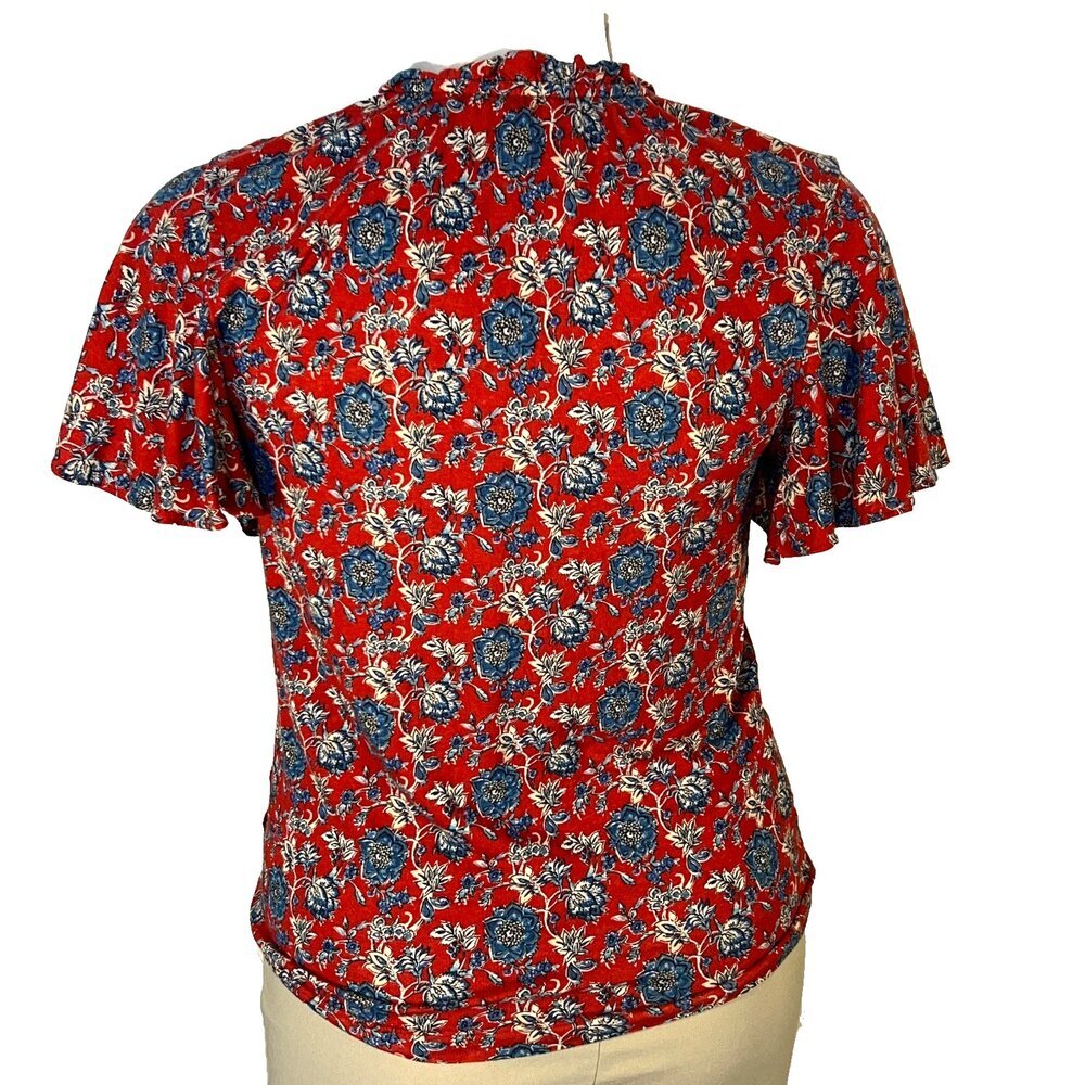 Lauren Ralph Lauren Peasant Blouse Womens L Red Blue Floral Chintz Ruffle Neck - Picture 5 of 10